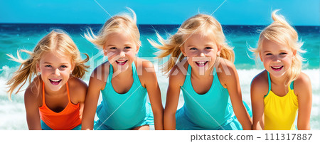 AI-generated content. Four blond girls in bright colored swimsuits laugh and play on beach against 111317887