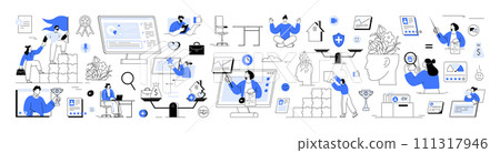 Talent recruitment employee trining workplace wellness set. Talent development, career growth employee improvement. HR human resources recruiting people. Choose candidate. Training staff develop skill 111317946