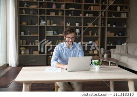 Young smiling businessman in glasses working on-line using laptop 111318310