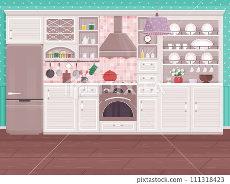 Kitchen interior vector illustration. The dining room, extension kitchen, completes homely ambiance Cuisine becomes art form in comfy kitchen adorned with stylish decor Cooking and dining blend Kitchen interior vector illustration. The dining room, extension kitchen, completes homely ambiance Cuisine becomes art form in comfy kitchen adorned with stylish decor Cooking and dining blend 111318423