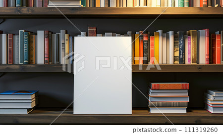 AI-generated content. Bookshelf and Empty White Book with Blank Cover 111319260