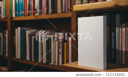 AI-generated content. Bookshelf and Empty White Book with Blank Cover 111319261