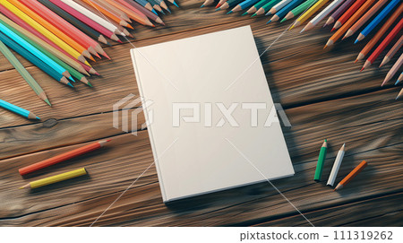 AI-generated content. Blank Coloring Book Mockup with Colored Pencils 111319262