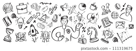 Business doodle icon set, hand drawn finance vector sketch, ink line startup money clipart. Business doodle icon set, hand drawn finance vector sketch, ink line startup money clipart. 111319675