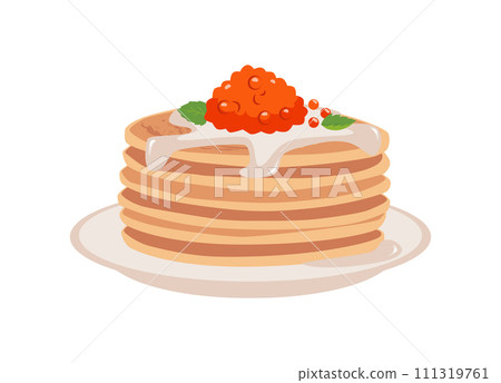 Pancakes with red caviar, cartoon vector illustration isolated on white Pancakes with red caviar, cartoon vector illustration isolated on white 111319761