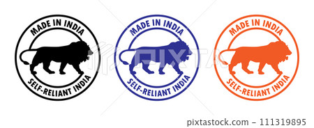Made in India stamp icon set. Self-Reliant India in black, blue and orange color. Made in India symbol icon set for Indian products and industrial usage isolated on white background. Made in India stamp icon set. Self-Reliant India in black, blue and orange color. Made in India symbol icon set for Indian products and industrial usage isolated on white background. 111319895