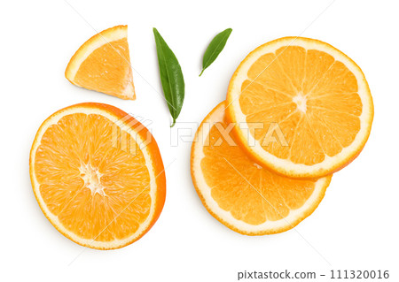 Orange fruit slices isolated on white background. Top view. Flat lay. 111320016