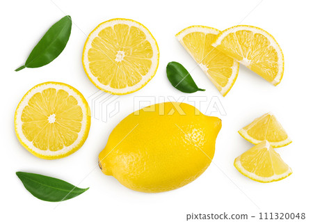 Ripe lemon with slices isolated on white background with full depth of field. Top view. Flat lay 111320048