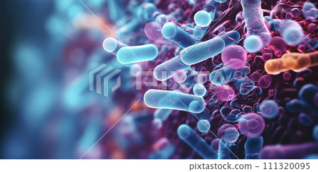 Realistic image of bacteria, microorganisms. macro photography. Gut bacteria, good and bad bacteria, microbiome, bacteria in the digestive system 111320095
