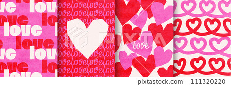 Bold Happy Valentines Day cards set. Geometric Abstract Art Design with Hearts and Typography Templates for celebration, ads, branding, banner, cover, label, poster. Vector textured illustration. 111320220