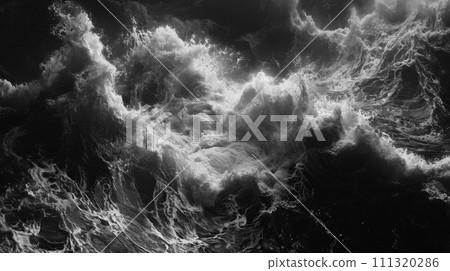 AI-generated content. A black and white photo of a person surfing in the ocean, AI AI-generated content. A black and white photo of a person surfing in the ocean, AI 111320286