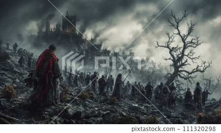 AI-generated content. A group of people standing on a hill with trees in the background, AI 111320298