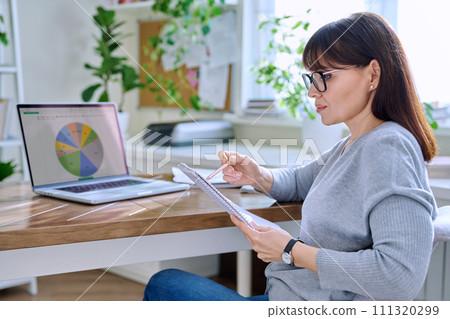 Business woman working with computer, economic growth graphs on laptop screen 111320299