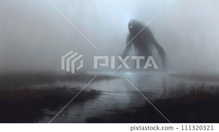 A creepy looking monster standing in the fog near a body of water, AI 111320321