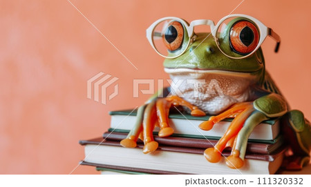 A frog wearing glasses sitting on top of a stack of books, AI 111320332
