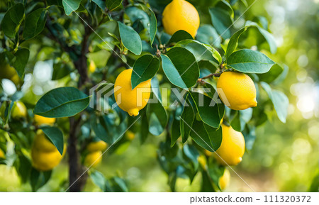 Lemon tree branches laden with bright yellow lemons Lemon tree branches laden with bright yellow lemons 111320372
