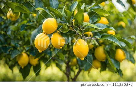 Lemon tree branches laden with bright yellow lemons 111320373