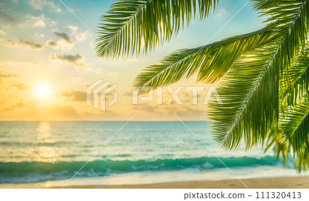 Serene summer beach scene with palm leaves, sand, and sea 111320413