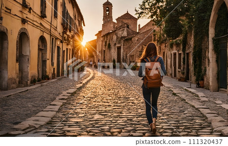 Girl with backpack walking on cobblestone street Girl with backpack walking on cobblestone street 111320437
