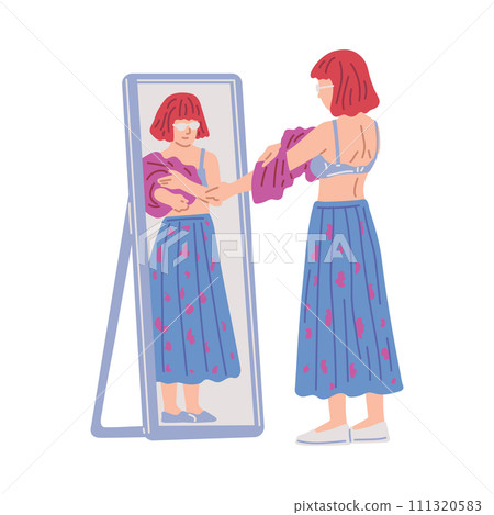 Young woman wearing a sweater near the mirror, vector happy girl dressing or changing apparel, getting ready 111320583