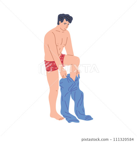 Young man wearing a blue trousers, cartoon person dressing or changing apparel, putting on clothes vector illustration 111320584