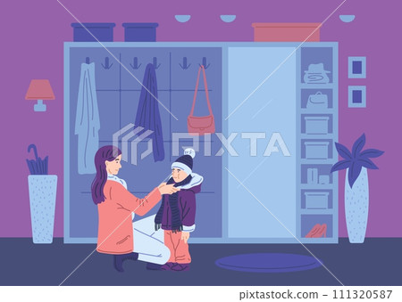 Mother dresses the child in the hallway, helping boy son to dress up warm clothes. Parent button up kid jacket flat vector illustration Mother dresses the child in the hallway, helping boy son to dress up warm clothes. Parent button up kid jacket flat vector illustration 111320587