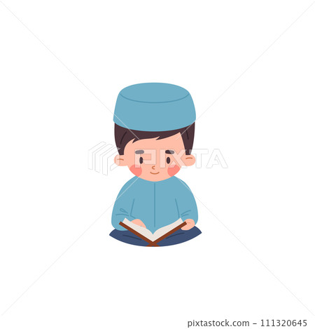 Muslim boy reads a prayer Koran book, vector Islamic religion child in national Arab clothing, tradition Muslim faith Muslim boy reads a prayer Koran book, vector Islamic religion child in national Arab clothing, tradition Muslim faith 111320645
