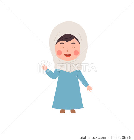 Muslim girl laughs raised hand up in national Arab clothing hijab and long dress, vector cartoon Islamic religious kid Muslim girl laughs raised hand up in national Arab clothing hijab and long dress, vector cartoon Islamic religious kid 111320656
