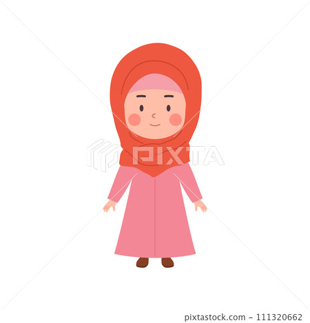 Muslim child girl professes Islamic faith, flat vector illustration isolated. Muslim child girl professes Islamic faith, flat vector illustration isolated. 111320662