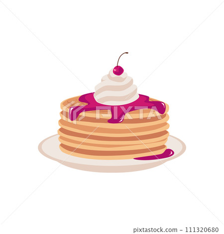 Stack of pancakes with jam fruit topping, whipped cream and cherry on a plate, vector delicious sweet baking food 111320680