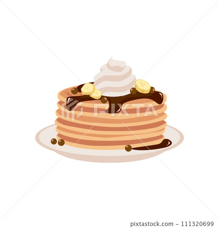 Stack of pancakes with chocolate topping, whipped cream, banana slices and candies on a plate, vector sweet baking food 111320699