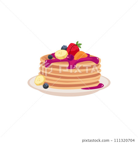 Pancakes with jam topping, fruit and berries folded on a plate, vector cartoon delicious baking food, sweet dessert Pancakes with jam topping, fruit and berries folded on a plate, vector cartoon delicious baking food, sweet dessert 111320704