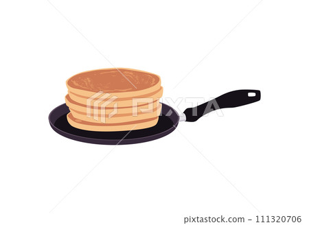 Stack of pancakes on a pan, delicious baking food sweet dessert isolated on white, vector cartoon pan with pancakes heap 111320706