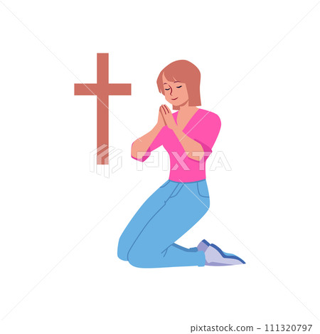 Young woman praying on knees with closed eyes and folded hands together in front of cross 111320797