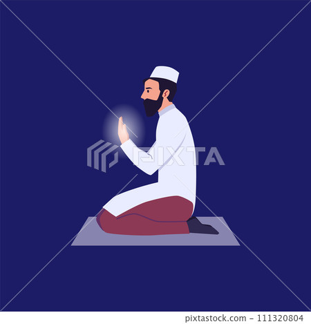Muslim man in Arabic clothing prays on knees, reads a Dua, Salah prayer, vector tradition Muslim faith Islamic religion 111320804