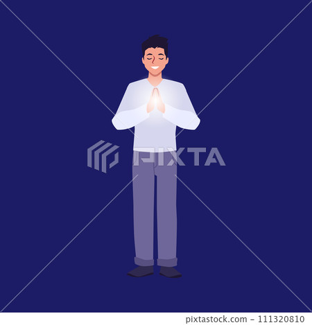 Praying young happy man putting glowing palms together, religious believer praying to God, vector Christian faith 111320810