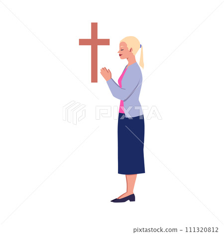 Praying young woman near the cross vector illustration, Christian religious person pray to God Jesus, tradition faith Praying young woman near the cross vector illustration, Christian religious person pray to God Jesus, tradition faith 111320812