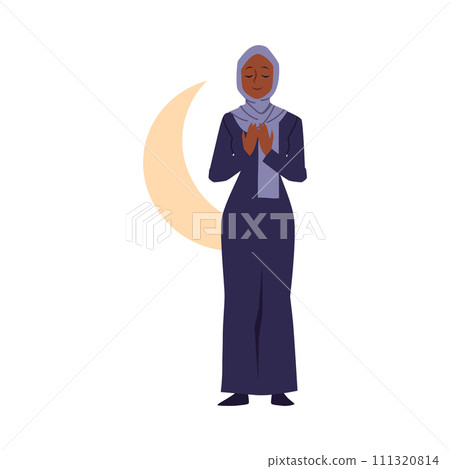 Religious Arab Muslim woman praying, flat vector illustration isolated. Religious Arab Muslim woman praying, flat vector illustration isolated. 111320814