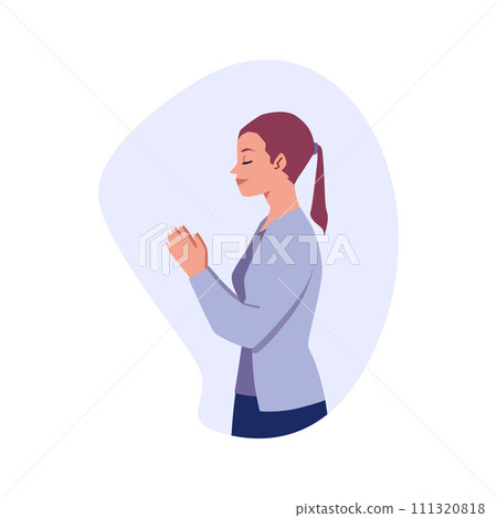 Young woman is praying, cartoon style vector illustration on white Young woman is praying, cartoon style vector illustration on white 111320818