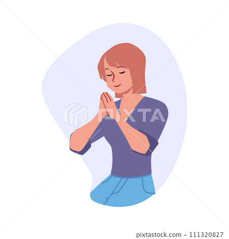 Praying young woman putting palms together, vector Christian religious person praying to God Jesus feeling superstitious Praying young woman putting palms together, vector Christian religious person praying to God Jesus feeling superstitious 111320827