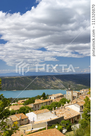Typical Provencal town Aiguines with Lac de Sainte-Croix, Verdon Natural Park, Alpes-de-Haute-Provence, Provence, France 111320870