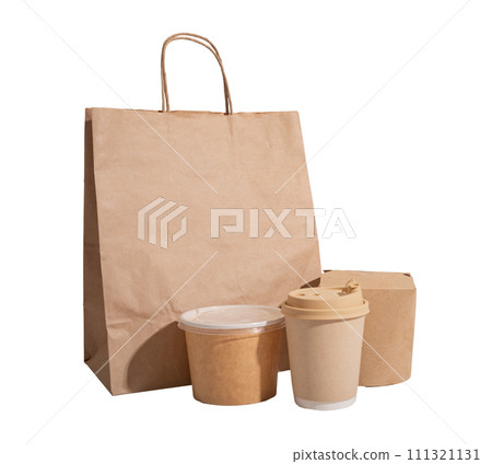 Food delivery package, kraft packs, bags, boxes, containers set isolated on white background Food delivery package, kraft packs, bags, boxes, containers set isolated on white background 111321131