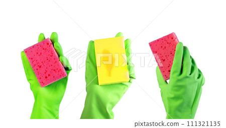 Hand in green rubber glove with washing cleaning sponge isolated on white background. Hand in green rubber glove with washing cleaning sponge isolated on white background. 111321135