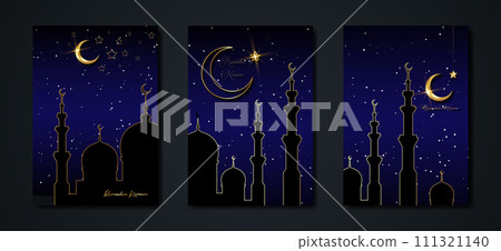 Ramadan Kareem 2024 vector set black card. Gold half moon on blue starry background. Golden holiday poster with text, islamic symbol. Concept Muslim religion banner, flyer, party invitation, sale shop Ramadan Kareem 2024 vector set black card. Gold half moon on blue starry background. Golden holiday poster with text, islamic symbol. Concept Muslim religion banner, flyer, party invitation, sale shop 111321140