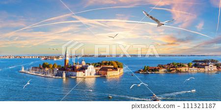 Aerial panorama on San Giorgio Maggiore Island from the top of Basilica San Marco, Venice, Italy Aerial panorama on San Giorgio Maggiore Island from the top of Basilica San Marco, Venice, Italy 111321187