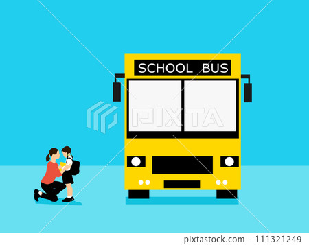 A mother is dropping off her child to catch the school bus.blue background. 111321249