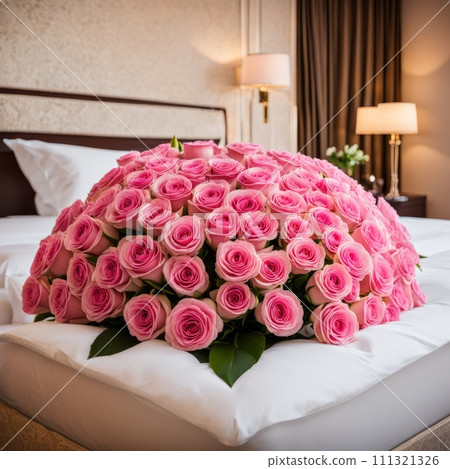 Bouquet of Pink roses on the bed in a hotel room for honeymoon. romantic meeting of guests at the hotel 111321326