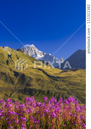 Landscape near Col du Petit-Saint-Bernard with Mont Blanc, on border France and Italy 111321362