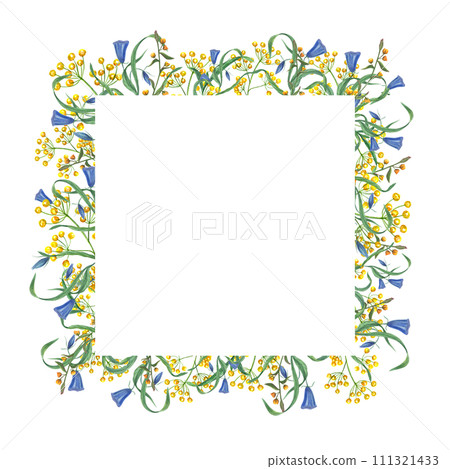 Spring meadow flowers. Square frame with copy space for text. Yellow, blue blooming flowers. Watercolor birthday illustration. For greeting, cards design, invitation template. 111321433