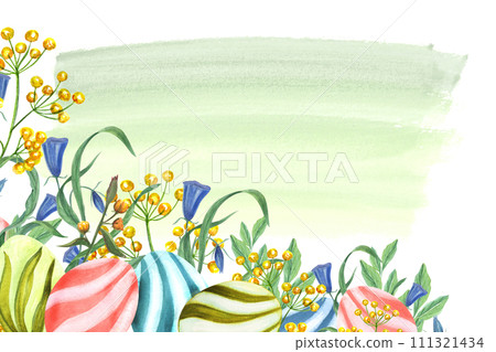 Watercolor easter eggs with meadow flowers and green plants. Multicolored eggs. Watercolor green splash for text. Horizontal frame for postcard design Watercolor easter eggs with meadow flowers and green plants. Multicolored eggs. Watercolor green splash for text. Horizontal frame for postcard design 111321434